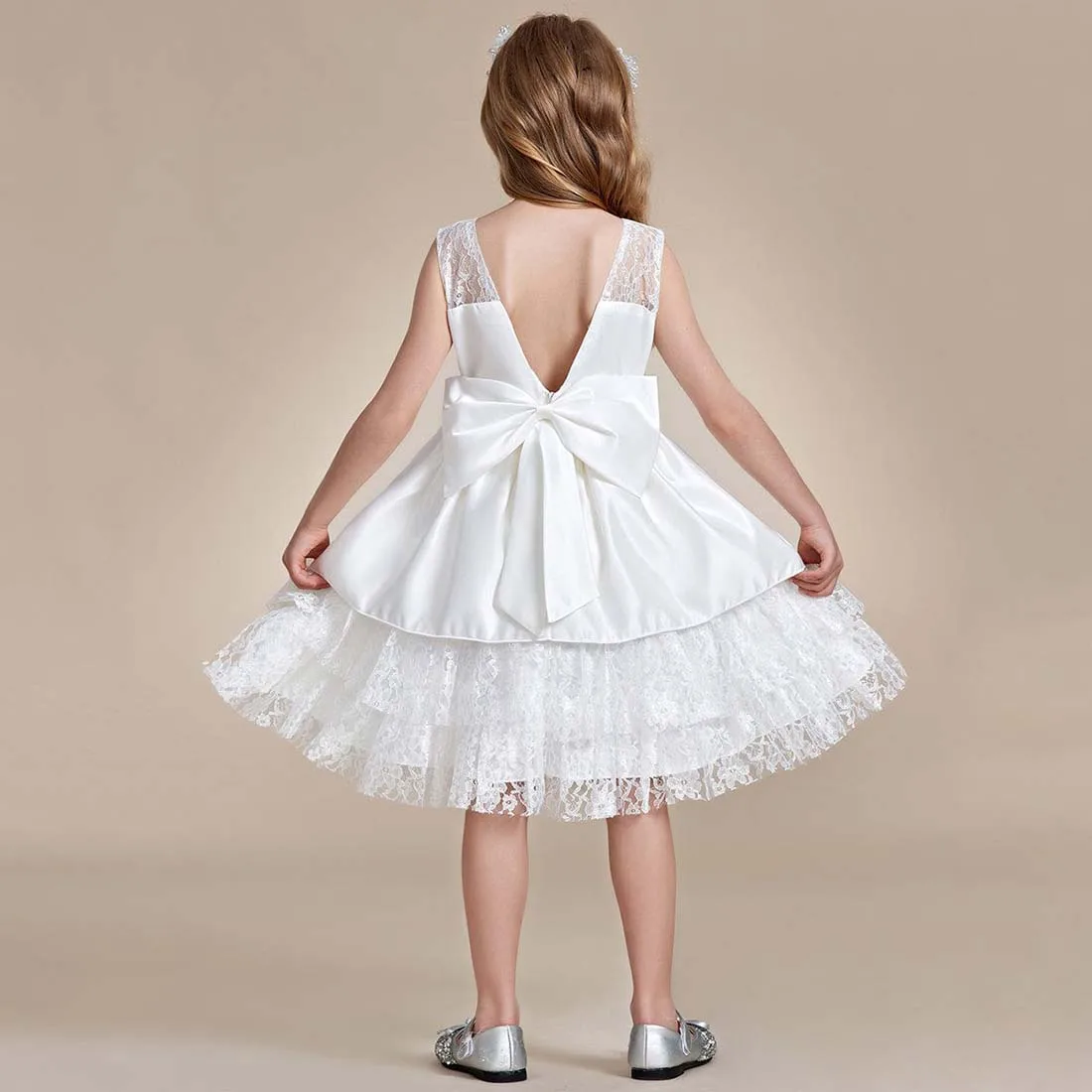 YZYmanualroom Elegant Lace and Bowknot Tiered Flower Girl Dress 2-15T