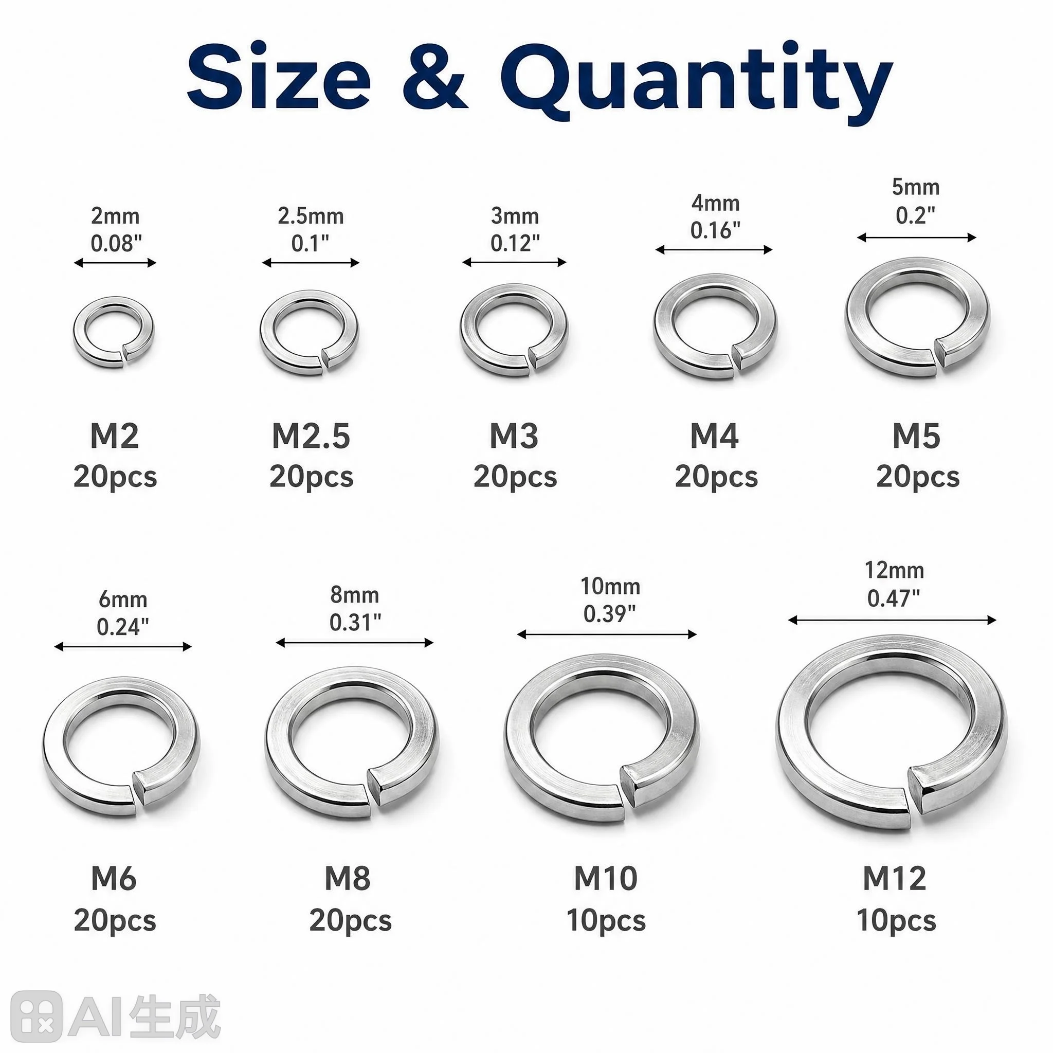 160pcs Assorted 304 Stainless Steel Split Lock Washers Kit Spring Lock Washers for Bolts Sizes M2-M12 Durable Hardware
