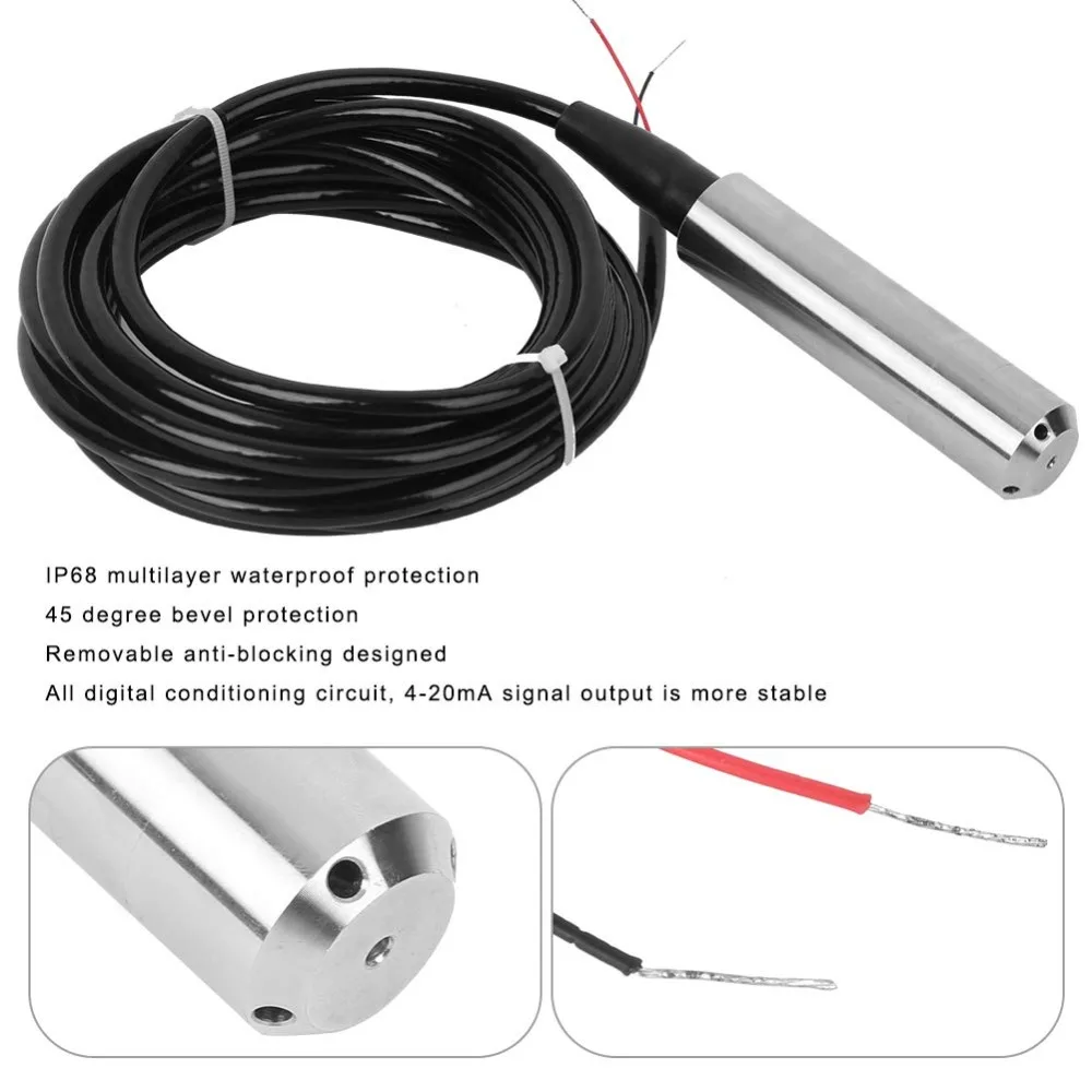 4-20mA Output Water Level Sensor Rustless Steel 0-10 Volts Liquid Level Transmitter Hydrostatic Type 24VDC Power