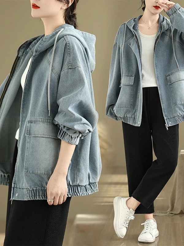 

Korean Sle Loose Fit Hooded Zipper Design Denim Jaet Women's Winter Casual Faion ort Top Ladies Coat