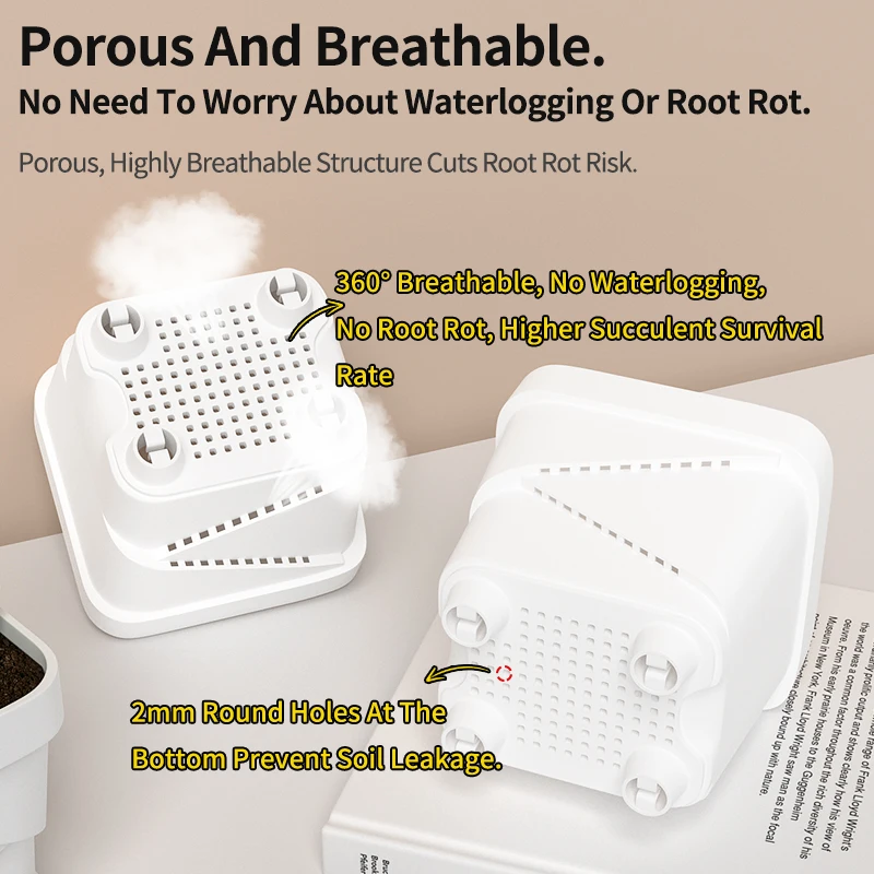 Square Ventilated Plastic Flower Pot (with Thick Tray) - Specialized for Succulents, Suitable for Home and Office Desktop Use