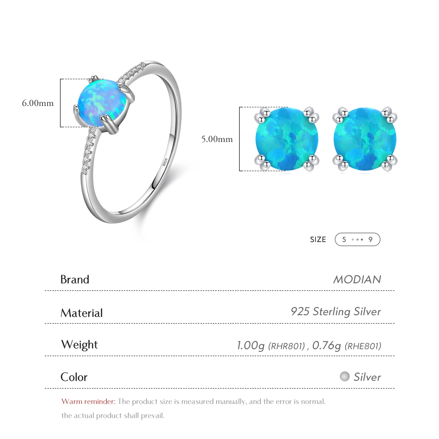 MODIAN Natural Opals Series Jewelry Set 925 Sterling Silver Luxury Finger Ring & Stud Earrings For Women Fine Jewelry Gift