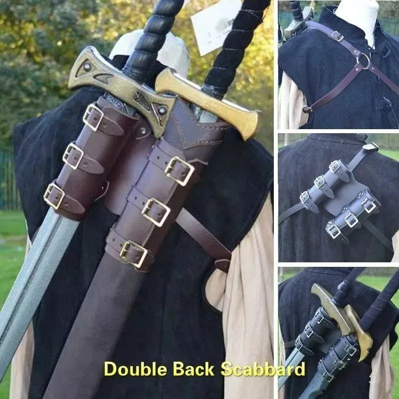 

Medieval Men's Faux Leather Double Scabbard Sword Holster with Shoulder Belt Larp Cosplay Costume Prop and Weapon Holder Kit