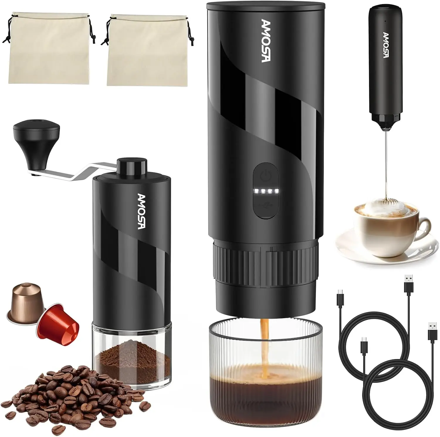 All-in-1 Portable Coffee Maker Set: Espresso Machine, Grinder & Frother for Travel, Camping, Office