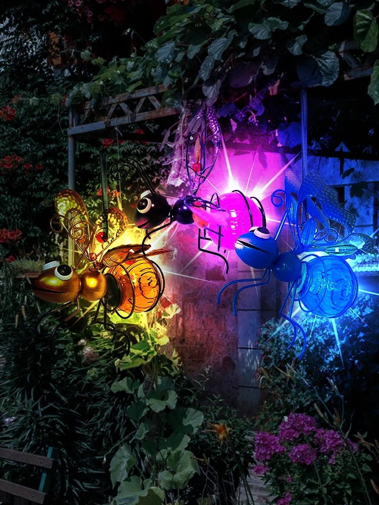 Solar Iron Insect Statue With LED Fairy Light Outdoor Waterproof Hanging Tree Ornament For Fence Yard Courtyard Garden Art Decor