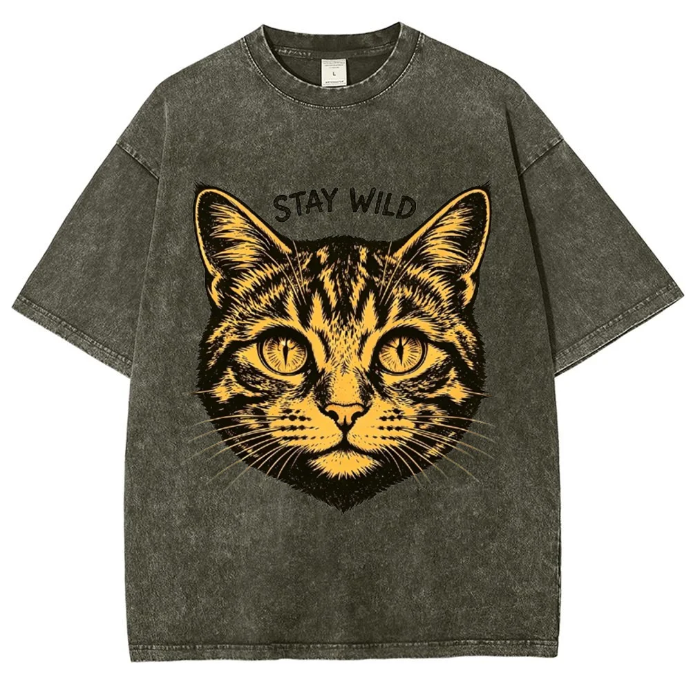 Men Vintage Cat Graphic T Shirt Stay Wild Tiger Cat Print Casual Streetwear Short Sleeve Oversized Tee