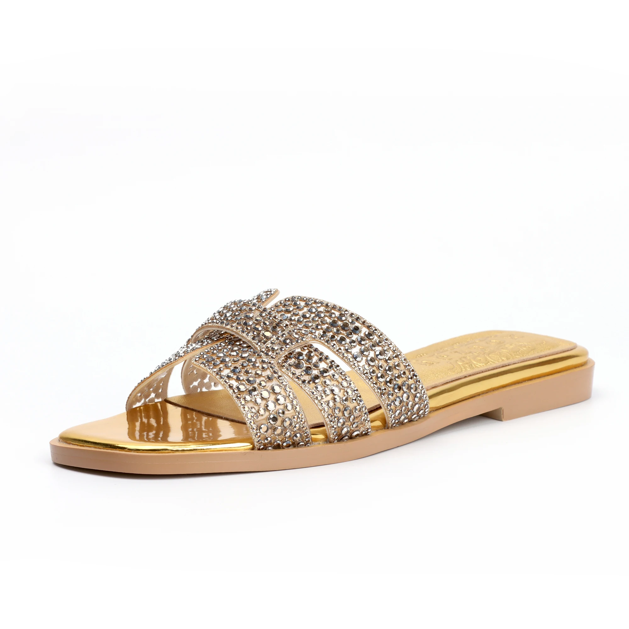 Luxury brands Designer Gold Slippers Shoes Women Comfortable Flat Slip On Rhinestone Sandals Designer High Quality Shoes