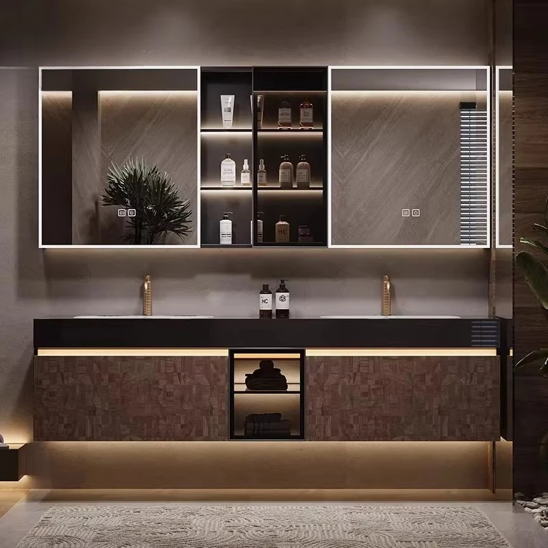 &c Wall-mounted Modern Eco-Friendly Wood Bathroom Vanity Set Mirror Copper Drainer Water Resistant Design for Villa Hotel