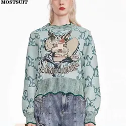 Rabbit Jacquard Knit Sweater Pullover Women Stylish Vintage Fashion Chic Tops Autumn Winter Long Sleeve O-neck Jumpers Knitwear