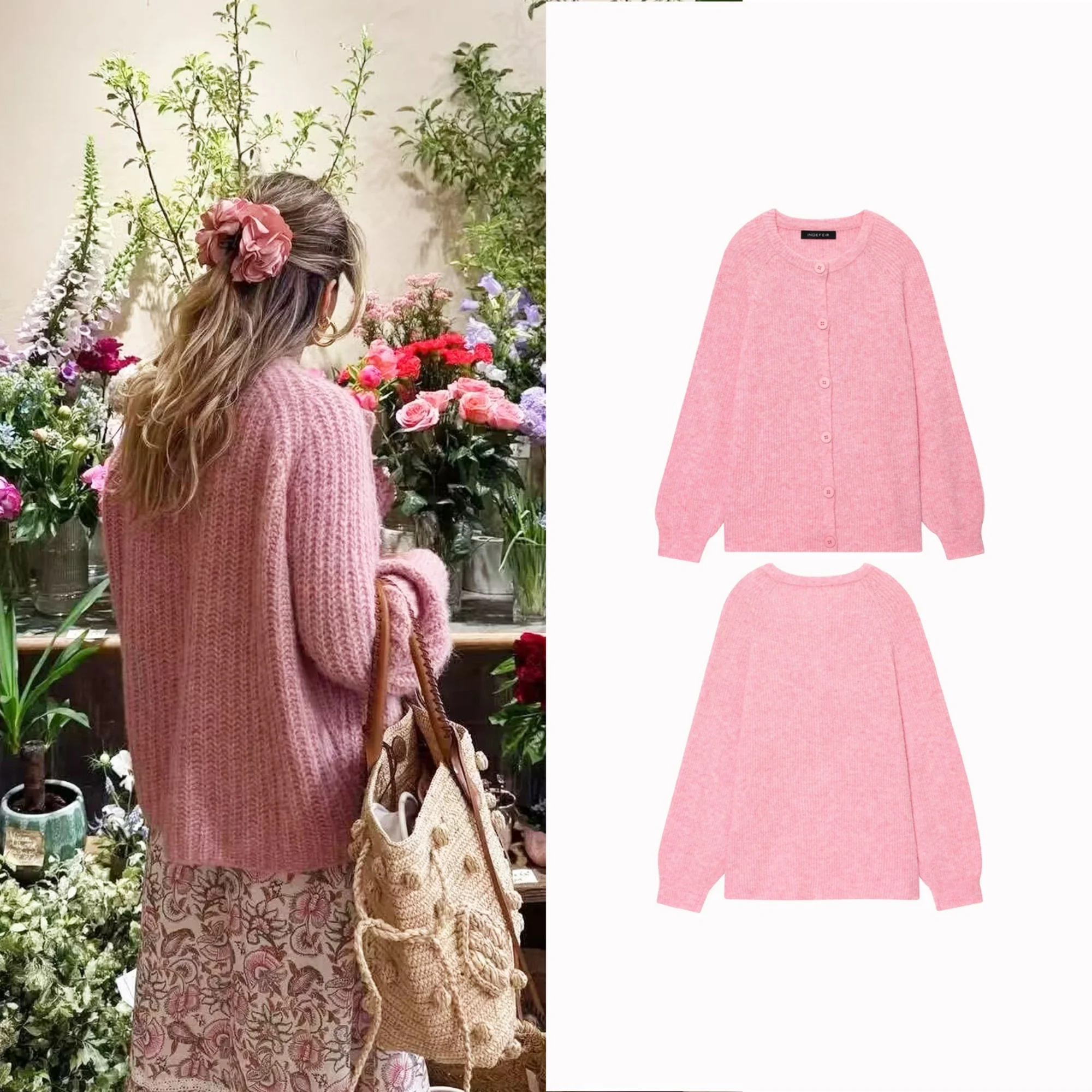 

2025 Women Pink Sweater Cardigans Autumn Casual Women Sweater Raglan Sleeve O-Neck Single Breasted Ladies Sweaters Cardigan