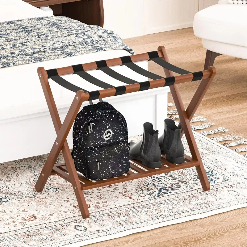Fully Assembled Wooden Foldable Suitcase Stand with 2 Shelves and 5 Nylon Straps for Guest Rooms Bedrooms Hotels
