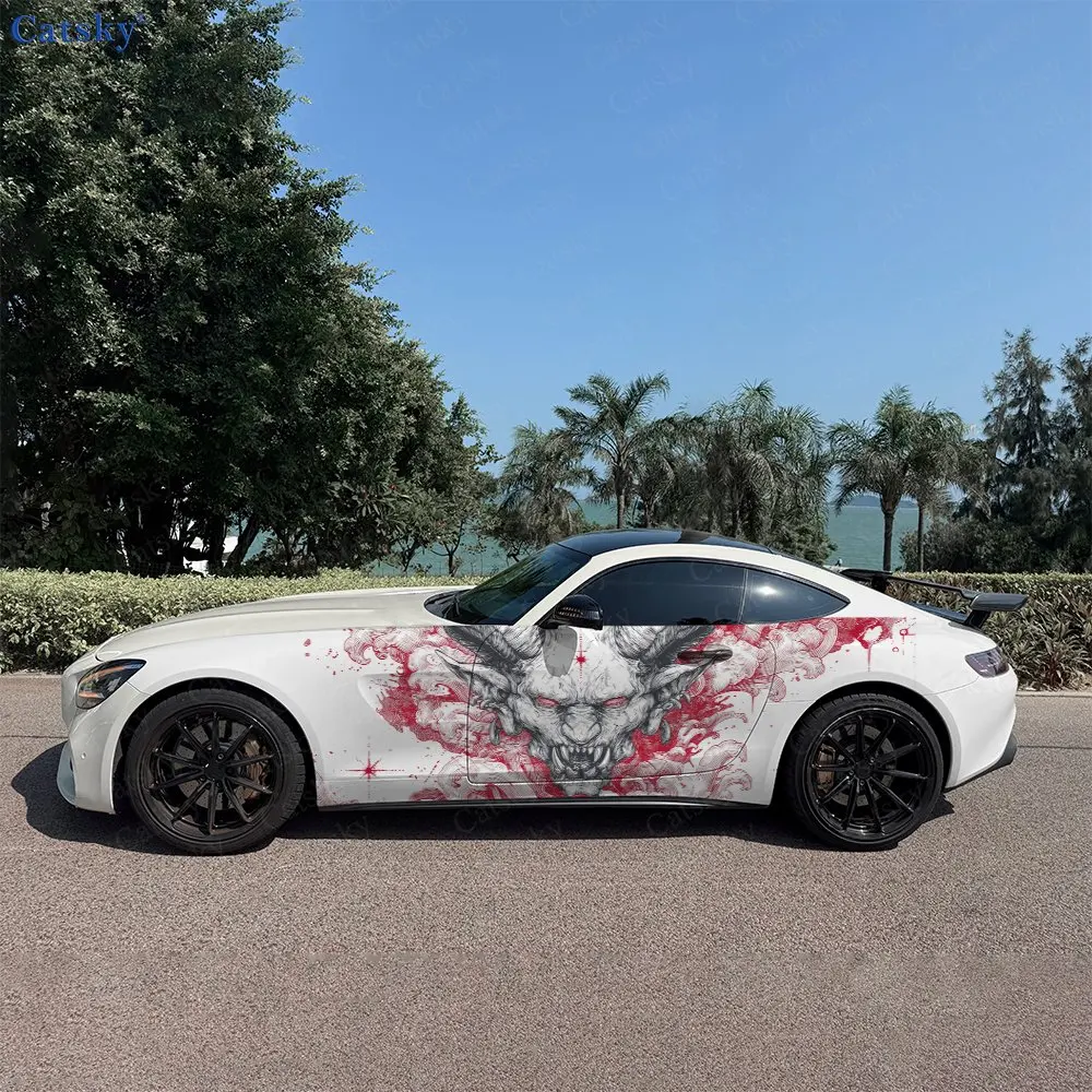2pcs Red Ink Splashing Angry Hannya Car Side Wrap, Self-Adhesive PVC Waterproof & Scratch-Resistant Stickers, Car Accessory Gift