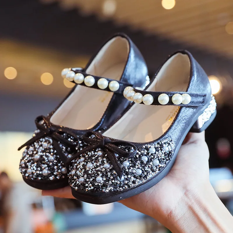 

Kids'Casual Shoes Fashion Sequin Solid Color PU Leather Bow Spring Flat Shoes For Girls Anti-slip Black Sliver Shoes Size 26-36