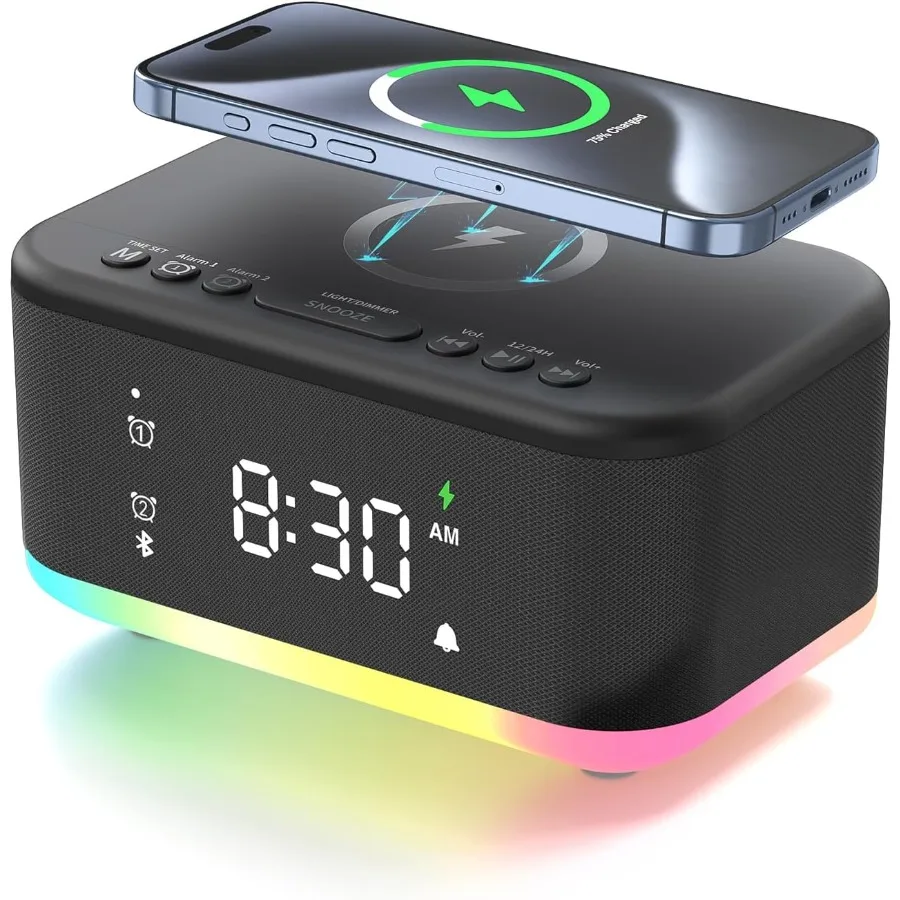 شحن لاسلكي ساعة تنبيه غرفة نوم بصوت عال منبهات رقمية غرف نوم ساعة تنبيه ضوء الليل المتكلم 8 واط غفوة إنذار مزدوج 1