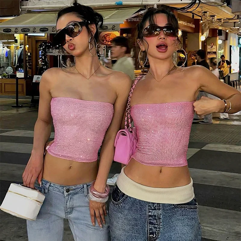 Women Y2K Rhinestone Tube Top Sparkle Strapless Crop Top Crystal Embellished Slim Fit Party Going Out Fashion Top