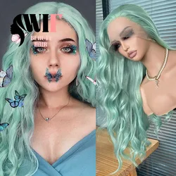WIF Mint Green Body Wave Synthetic Wig for Women Cosplay Use Natural Hairline Long Wavy Lace Front Wigs Fashion Hair