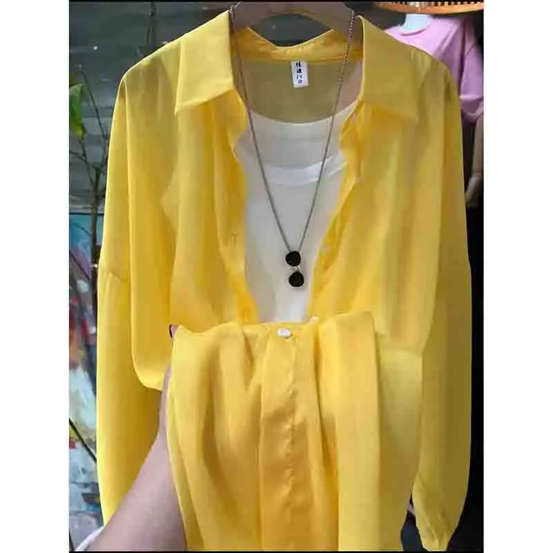 Women Chiffon Lantern Sleeve Sun Protection Shirt Female New Fashion Mid Length Version Pearlescent Yarn Sunscreen Clothing Tops