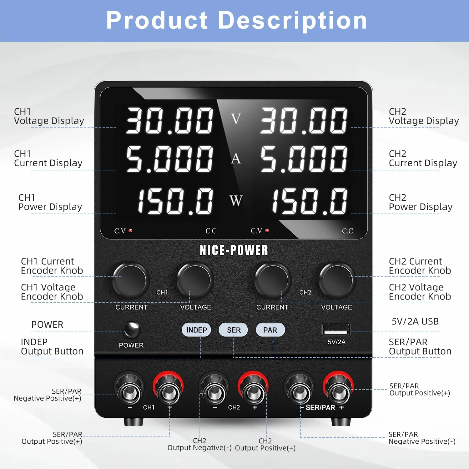【Brand new】NICE-POWER SPS305-2KD Adjustable Dual Channel DC Power Supply 30V 60V 5A 10A Independent Output One-Key Series Parall