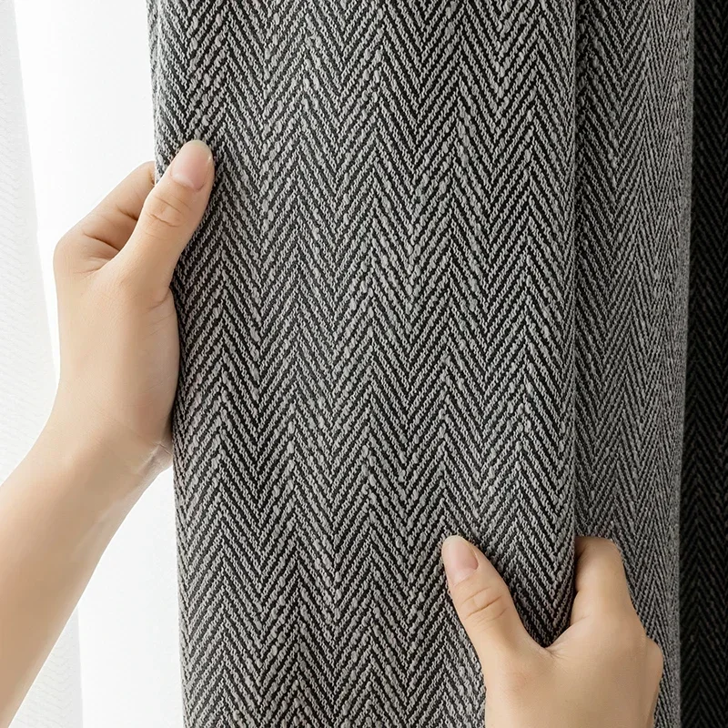 Custom Size Simple Herringbone Pattern Cotton and Linen Curtains Thickened Blackout Window Curtains for Bedroom Living Roomtulle