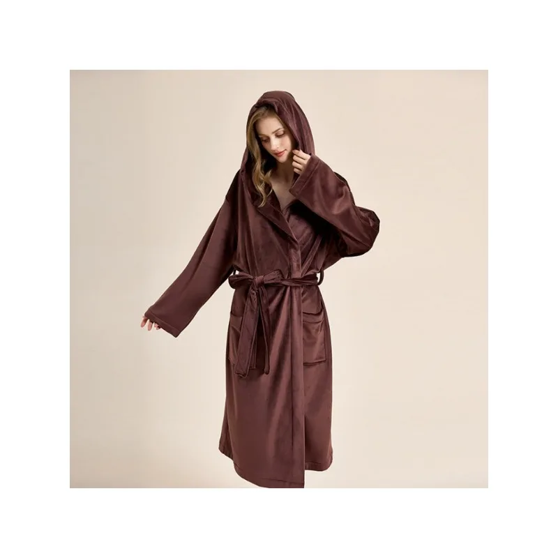 Double-sided Island Fleece Nightgown Fleece Thickened Pajamas Women's Autumn and Winter Medium and Long Hooded Thermal Bathrobe