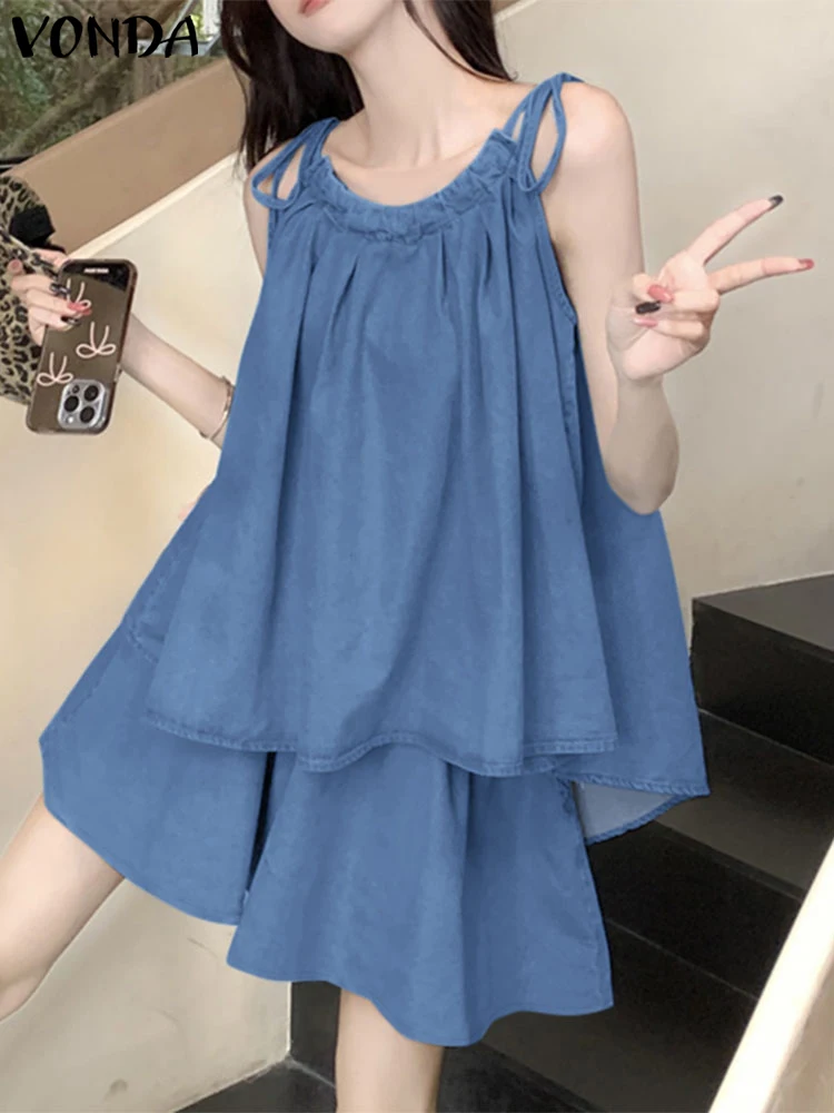 

VONDA Women Sleeveless Sets Solid Color Short Outfits 2025 Female Top Shorts Matching Sets Casual Loose Two-piece Sets Oversized