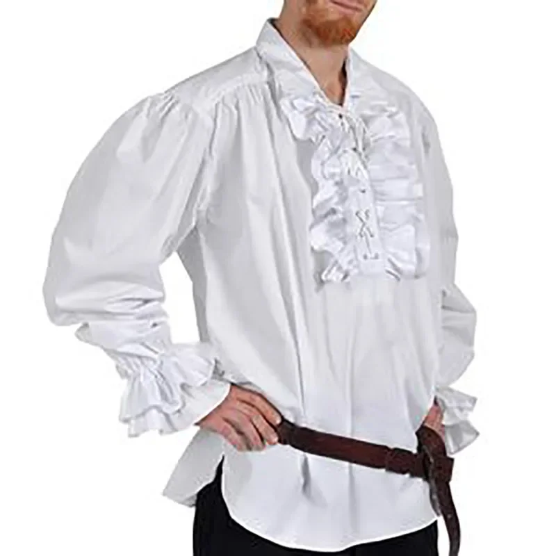 Halloween Medieval Pirate Costume Mens Ruffle Jabot Top Shirt Lace Up Pirate Victorian Colonial Cosplay Outfit For Adult Women