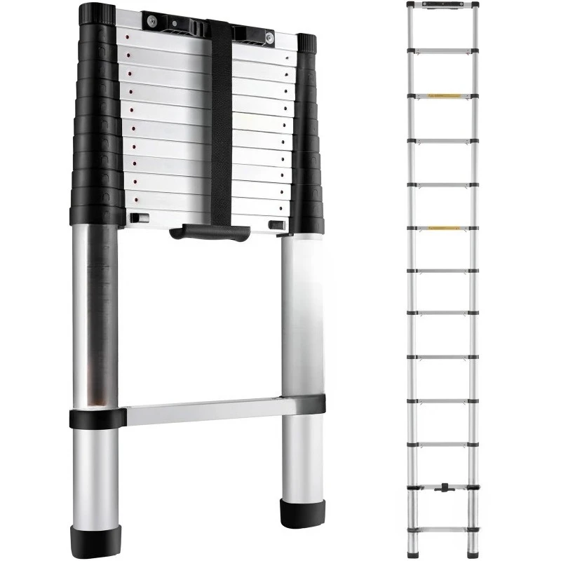 Telescoping Ladder 12.5 FT Aluminum One-Button Retraction Collapsible Extension 375 LBS Capacity w/Non-Slip for Home RV