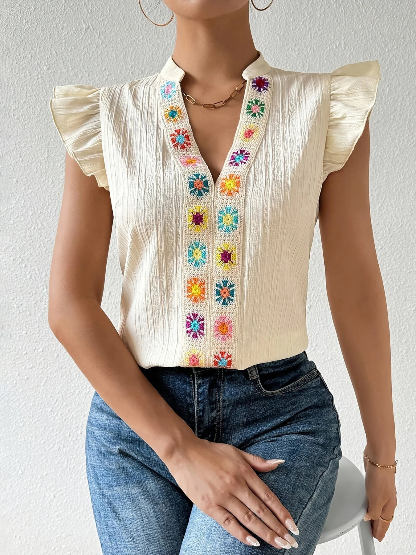 Camicia da donna Boho con motivo patchwork stampato floreale con colletto dentellato e volant, perfetta per le vacanze, per l'estate