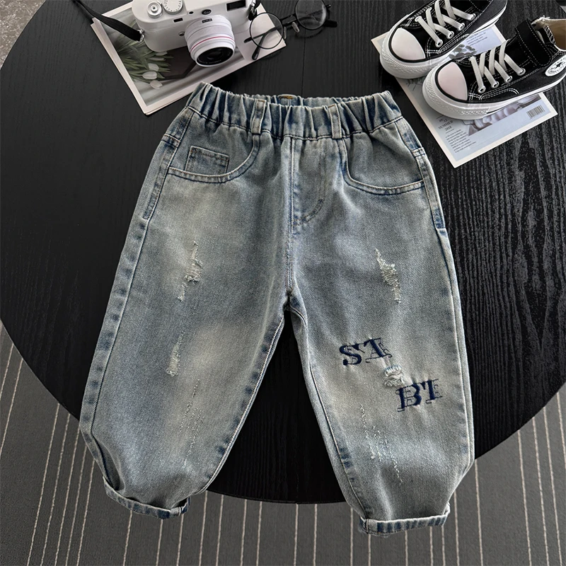 

Children's ripped jeans for kids, boys' spring and autumn 2025 new stylish pants, straight-leg autumn trousers for toddlers