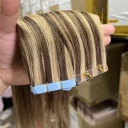 P4-27# Tape in Human Hair Balayage Chocolate Brown to Caramel Blonde Natural Straight Machine Remy Hair Extensions 30g/pack