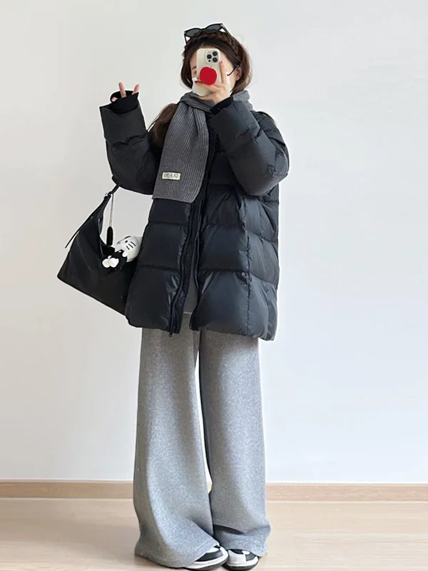 

Stylish Black Mid-Length round Neck Cotton Jacket Women's Winter Casual Loose Bread Style Coat Korean Version Thickened Zipper