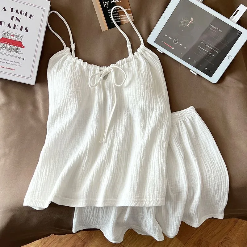 

Sweet Girls Cotton Pajama Sets with Bra Pads Adjustable Spaghetti Strap Top Loose Shorts Simple Wearable Women Loungewear Sets