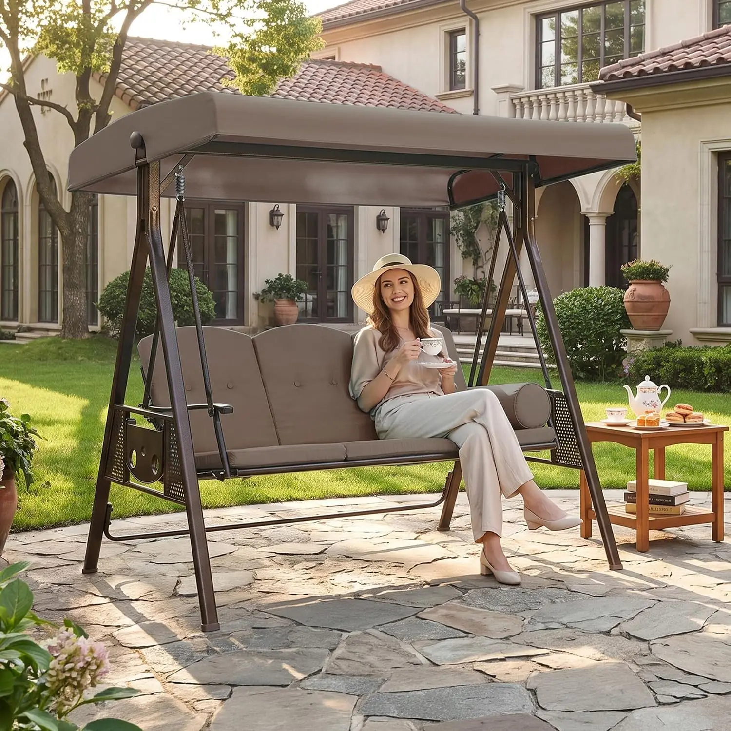 Outdoor Porch Swing for Adults Durable Bronze Aluminum Frame | Thick Cushions with Removable Covers, UV-Resistant, Customized
