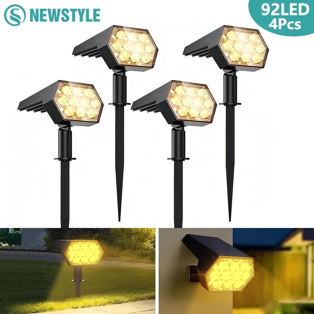 

2/4 шт. 92 светодиодных солнечных прожекторов IP65, водонепроницаемые, регулируемые, теплый белый свет, ландшафтные светильники для улицы, сада, двора, патио