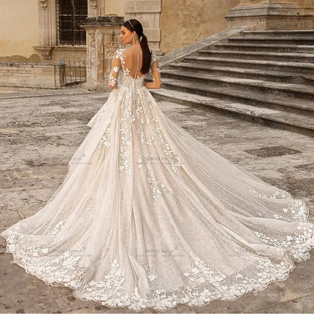 Requintado decote em v uma linha vestido de casamento personalizado festa formal 1/2 mangas apliques rendas em camadas vestidos de noiva novia