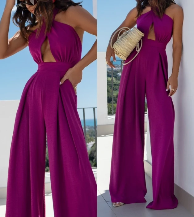 女性ロングジャンプスーツ着用新ファッションロンパース無地ノースリーブオフショルダーセクシーなぶら下げネックハイウエストジャンプスーツ