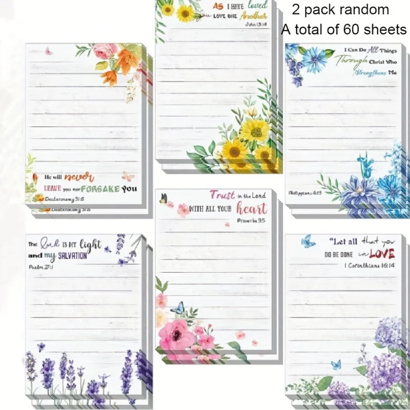 2er-Pack, insgesamt 60 Blatt, religiöse Schriften mit Blumenmotiven, selbstklebende Haftnotizen – rechteckig