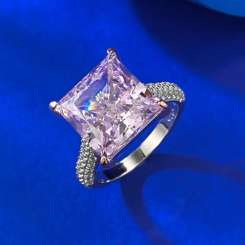 New S925 silver pink diamond 10 * 10 princess square European and American wish popular micro inlaid ring wedding jewelry