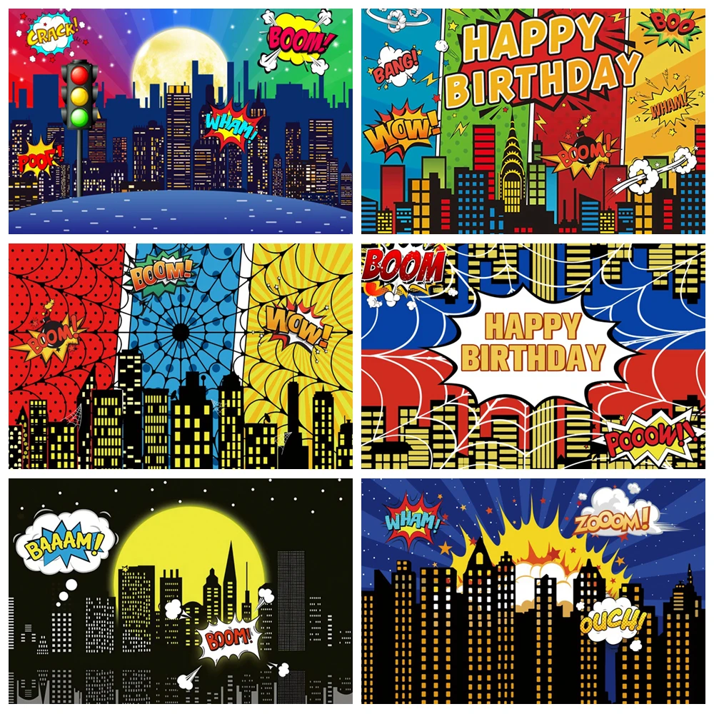 

Superhero City Architecture Photography Background Baby Shower Boy Birthday Party Comic Portrait Custom Decoration Photo Studio