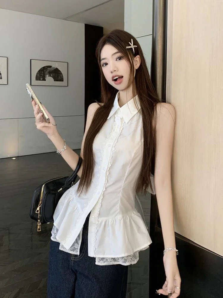 

French Sexy Backless Bow Shirt Women Sweet Lace Patchwork Slim White Blouse Vintage Elegant Lady Summer Hollow Out Tops New