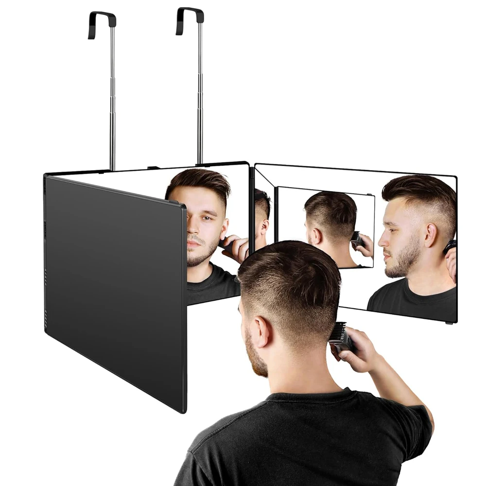 S Espejo de maquillaje de tocador triple portátil de viaje 360 con gancho telescópico de altura ajustable para cabello espejo Fordable de corte automático