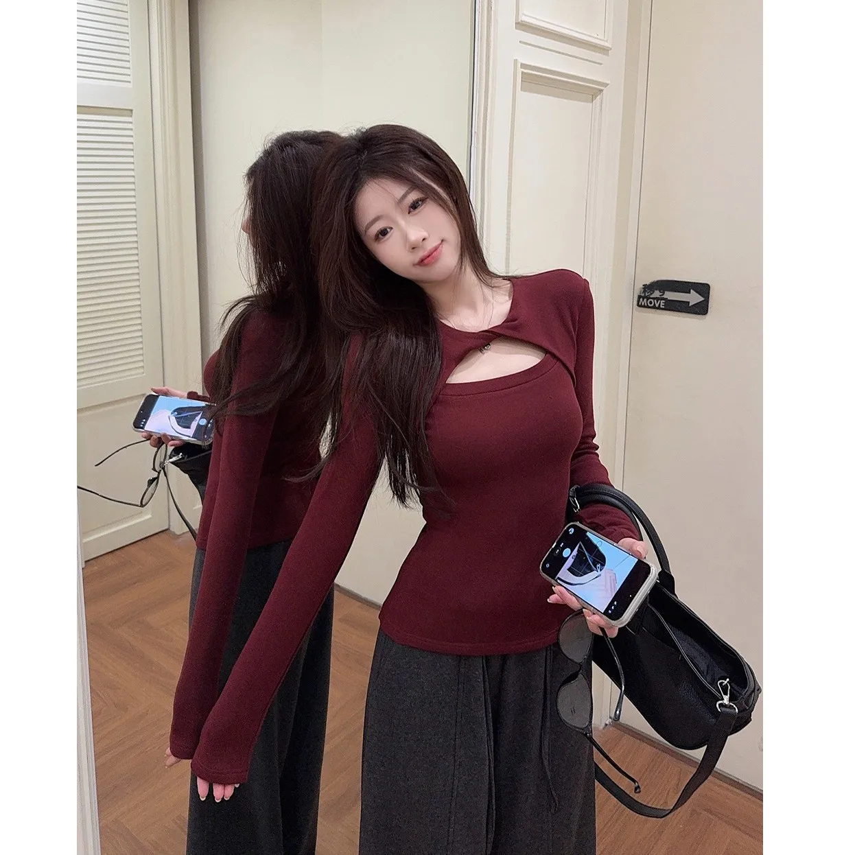 Sexy Long Sleeve Hollow out T-Shirt Women's Slim Fit Design Boxy Hollow out Neckline Slimming Top for Young Women Winter Wear