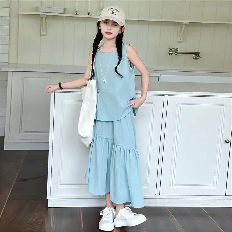 

Girls Clothes Summer Vest Tops Skirt 2pcs Teen Children Costume Casual Loose Light Blue Beach Kids Outfits Set 10 12 13 Years