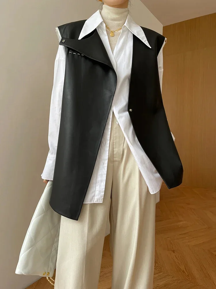 Black Simple Sheepskin Coat for Women Spring Autumn 2024 Trend Elegant O-neck Genuine Leather Sleeveless Vest Jacket