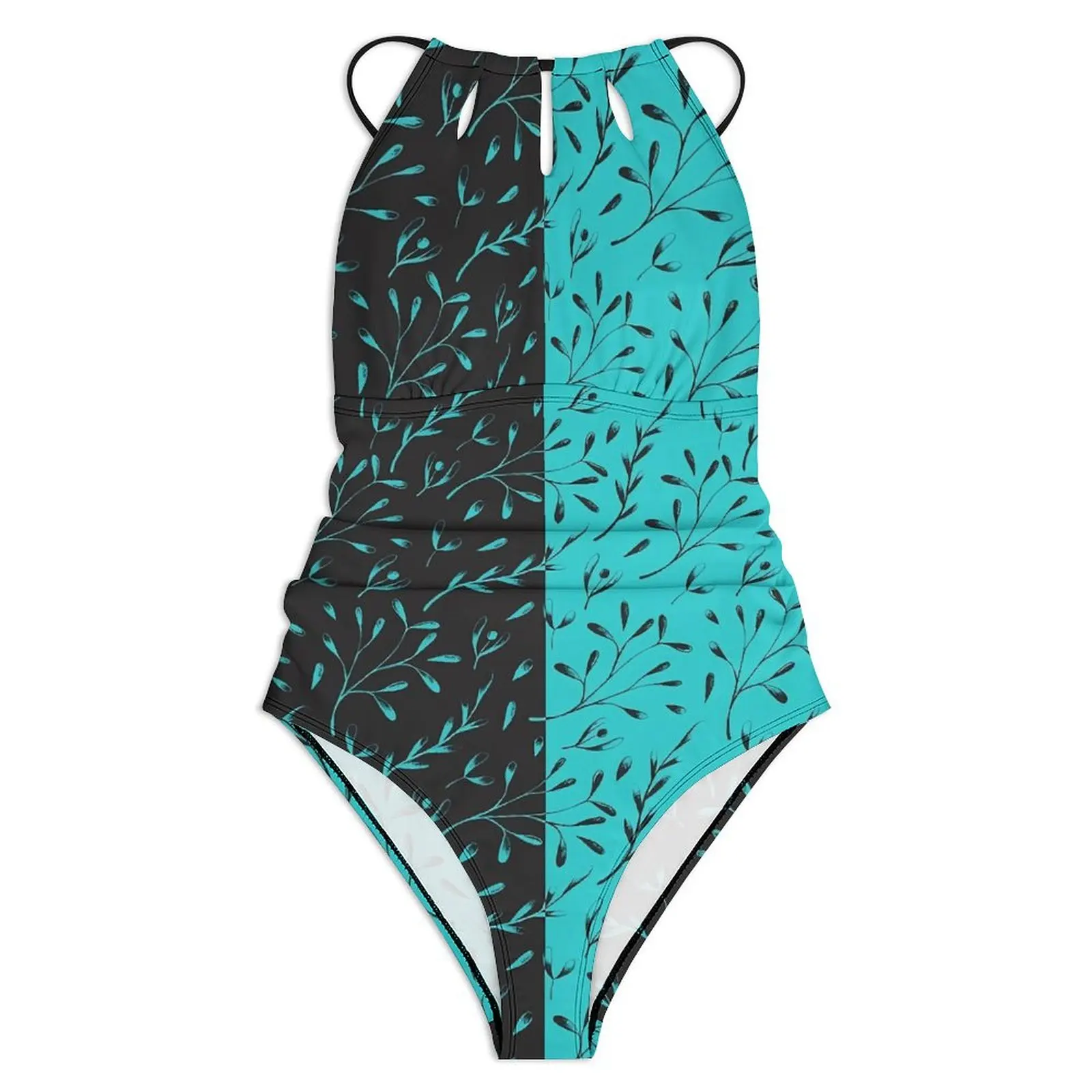 Two-Tone Swimsuit Leaf Vine Floral Swimwear One-Piece Vacation Bath Swimsuits Cut Out Bathing Suit Ladies Push Up Beach Outfits