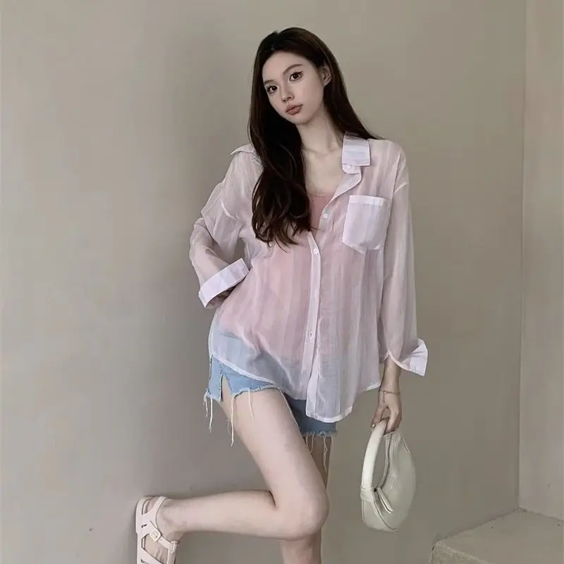 Women Summer Simplicity Loose Refreshing Striped Polo-Neck Long Sleeve Shirts Women Clothes Casual All-match Sheer Trend Tops