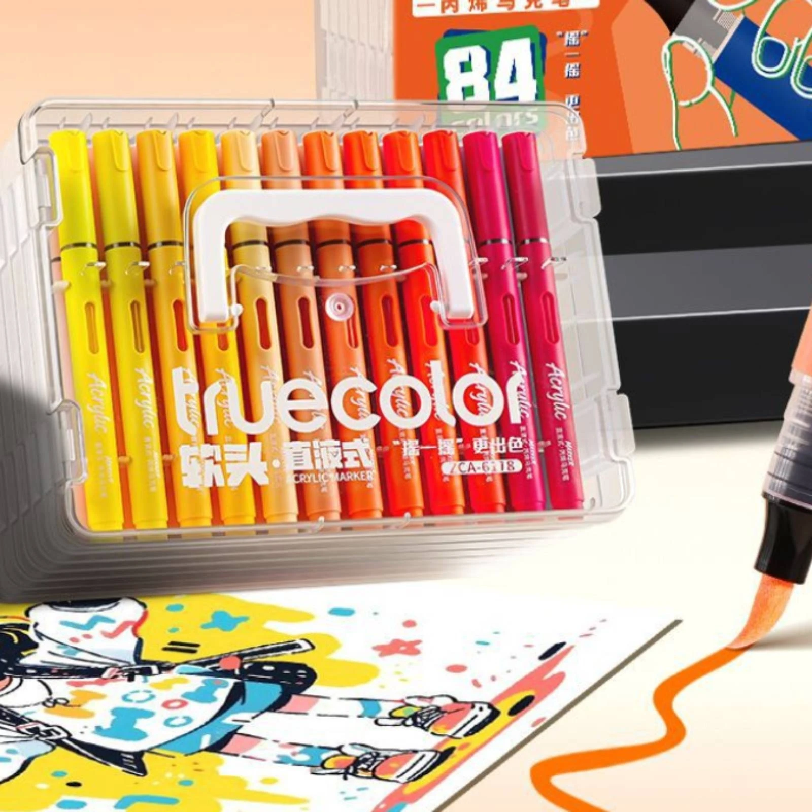 12 Pieces Direct-Liquid Acrylic Markers Carrying Handle Soft-Tip Acrylic Markers Paint Pen Set Color Card Soft Tip Paint Pen