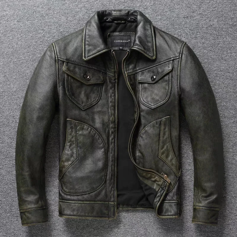 American Leather Jacket Men's Motorcycle Jacket Retro Distressed Graphite Olive Green Slim Lapel Jacket New Style