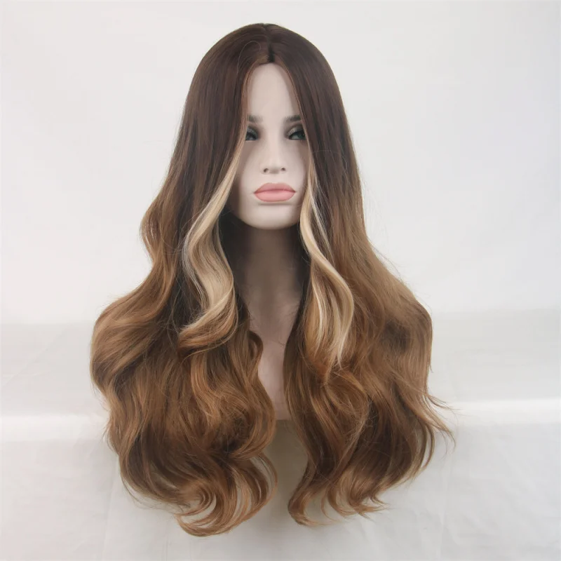 

High-Temperature Fiber Black Gradient Gold Wig for Women, Middle Part Long Curly Hair, Big Waves, Synthetic Hairpiece, European