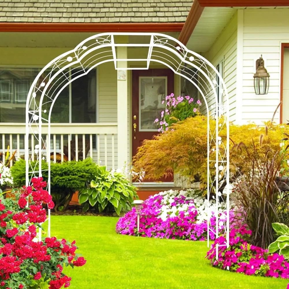 Metal Garden Arch 98.4 H Garden Arbor Trellis for Outdoor Climbing Plants Support Rose Lawn Tall Large Wedding Archway (Cream Wh